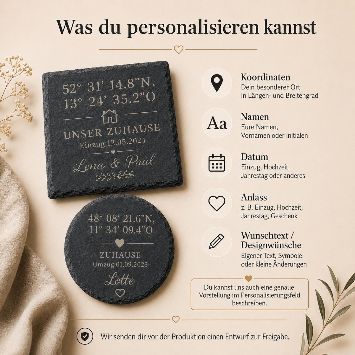 Schiefer Untersetzer mit Koordinaten personalisiert – Detailaufnahme des Ortsnamens