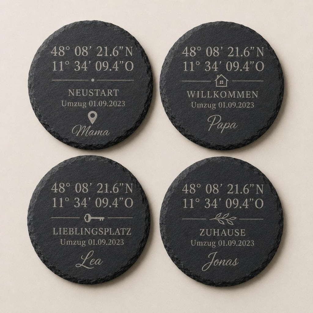 Schiefer Untersetzer mit Koordinaten personalisiert – GPS - Gravur mit Ort & Namen | Rund & Quadratisch | Geschenk Einzug Hochzeit Jahrestag - LaserArt Germany