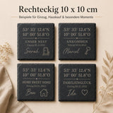 Schiefer Untersetzer mit Koordinaten personalisiert – GPS - Gravur mit Ort & Namen | Rund & Quadratisch | Geschenk Einzug Hochzeit Jahrestag - LaserArt Germany