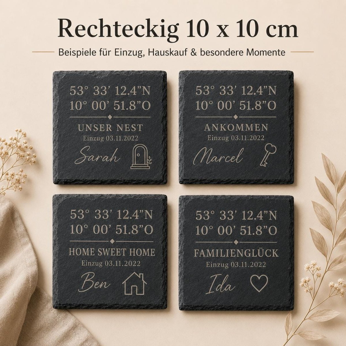 Schiefer Untersetzer mit Koordinaten personalisiert – In der Geschenkverpackung