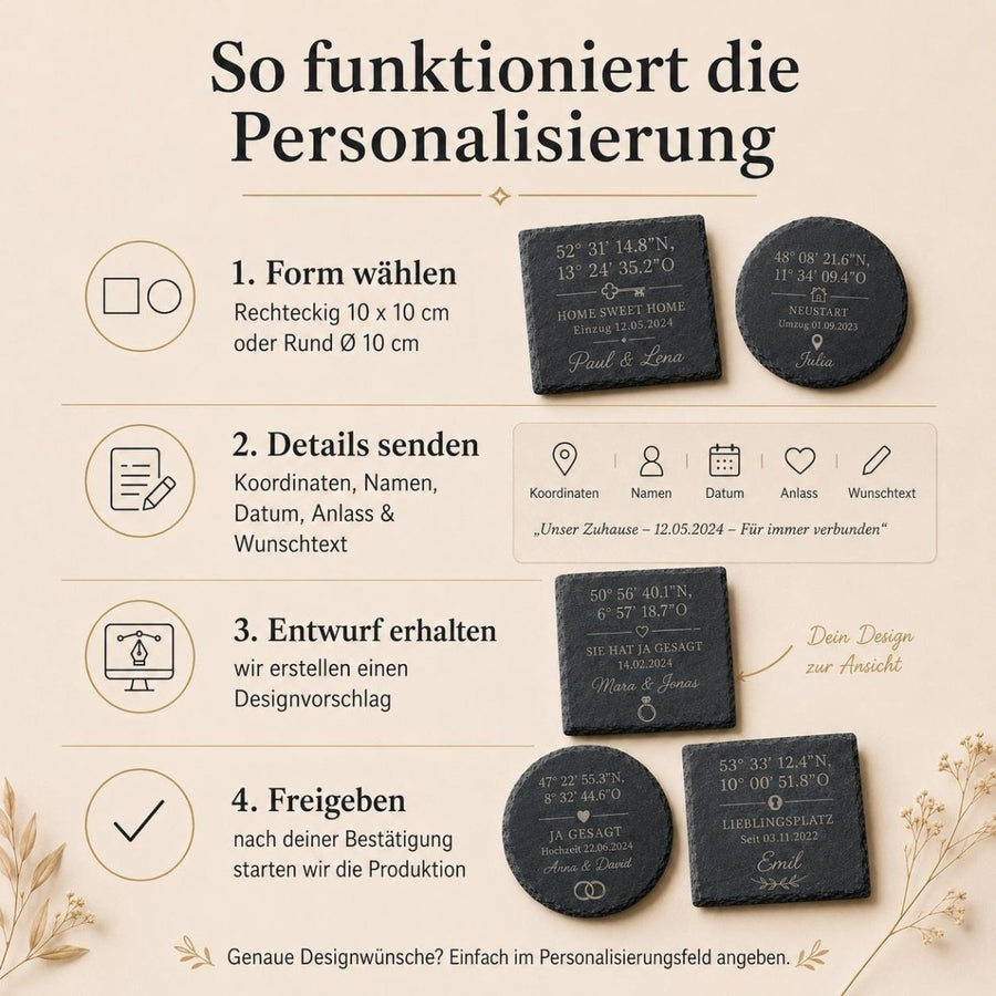 Schiefer Untersetzer mit Koordinaten personalisiert – GPS - Gravur mit Ort & Namen | Rund & Quadratisch | Geschenk Einzug Hochzeit Jahrestag - LaserArt Germany