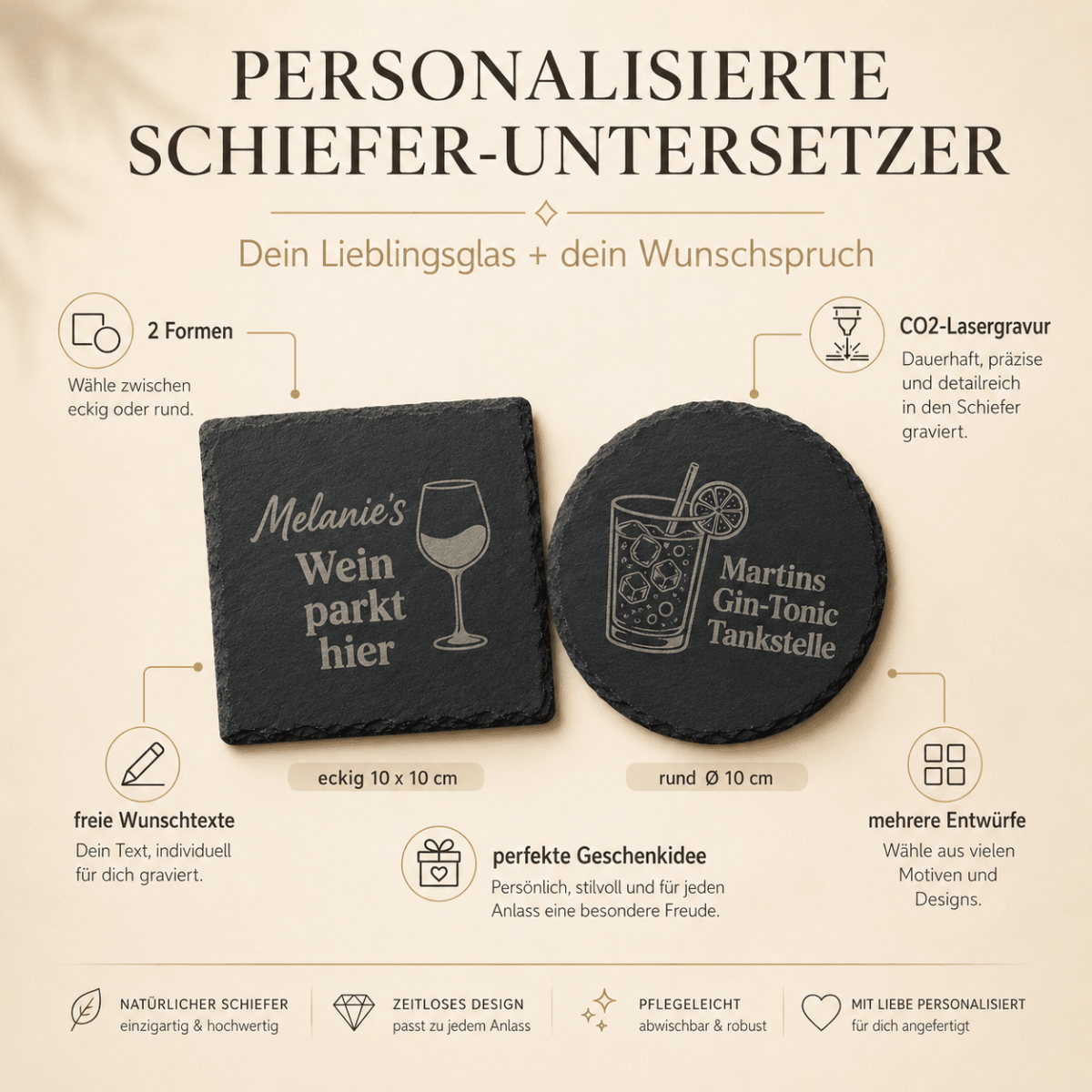 Schiefer Untersetzer personalisiert mit Gravur – Anwendungsbeispiel auf dem Tisch