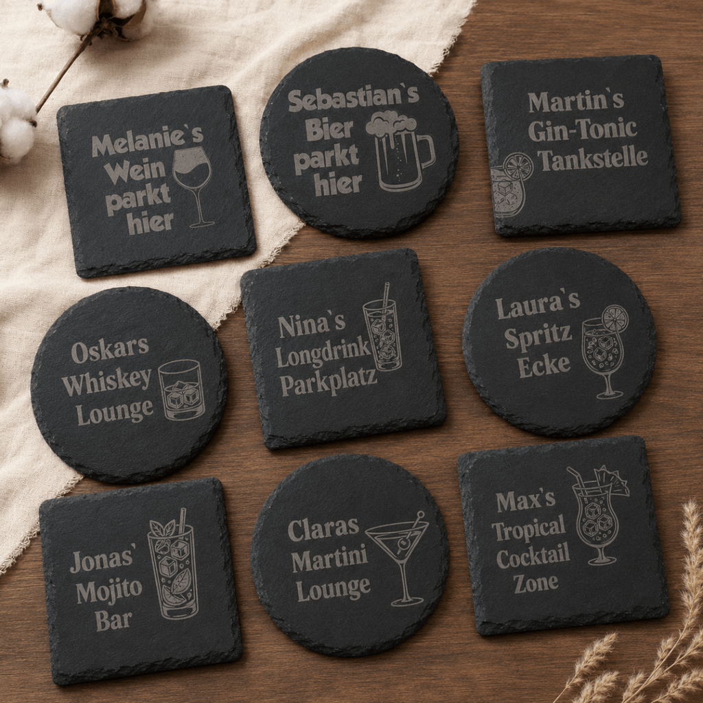 Schiefer Untersetzer personalisiert – Gravur mit Name & Getränkemotiv | 12 Motive | Geschenk Hochzeit Geburtstag Jubiläum - LaserArt Germany