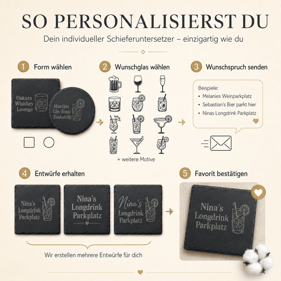 Schiefer Untersetzer personalisiert – Gravur mit Name & Getränkemotiv | 12 Motive | Geschenk Hochzeit Geburtstag Jubiläum - LaserArt Germany