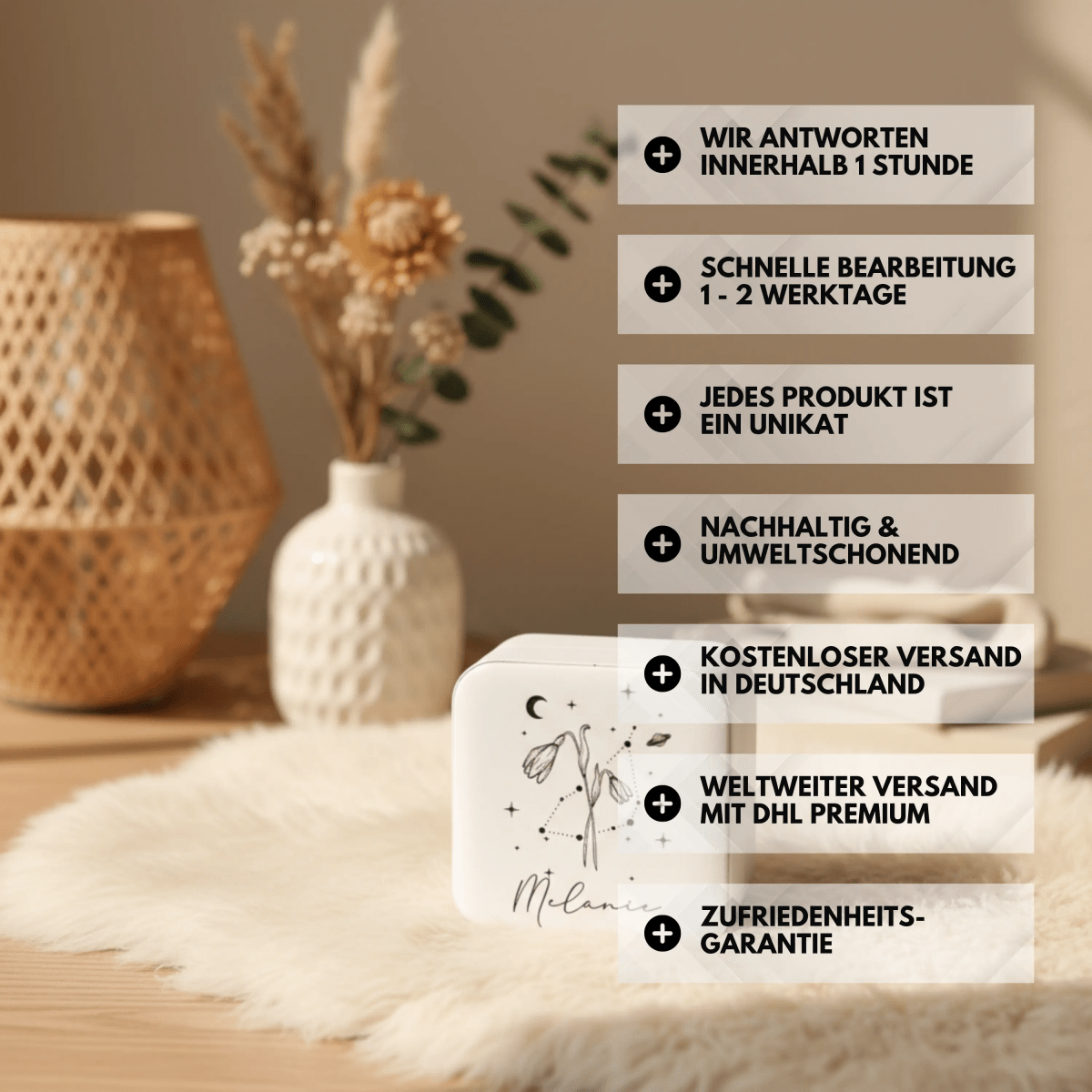 Schmuckkästchen mit Geburtsblume und Sternzeichen – In der Geschenkverpackung