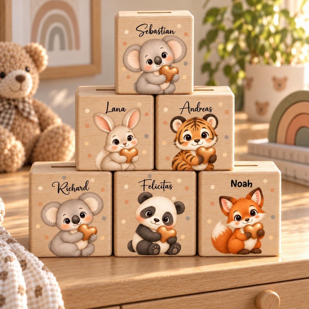 Fuenf personalisierte Spardosen mit verschiedenen Tiermotiven