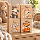 Drei personalisierte Holzspardosen mit Tiermotiven
