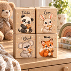 Drei personalisierte Holzspardosen mit Tiermotiven
