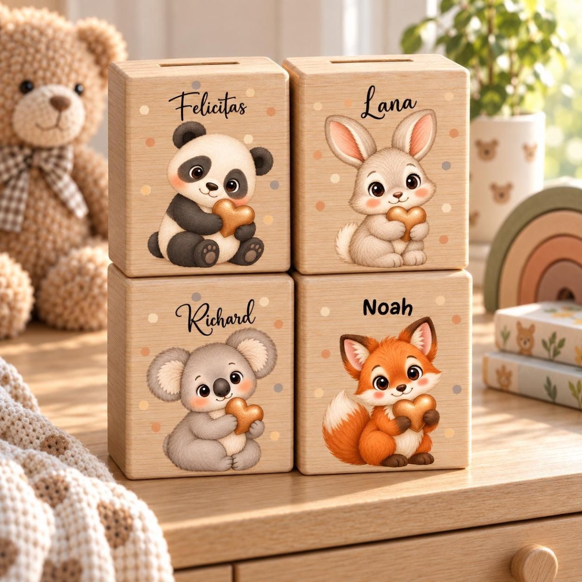 Drei personalisierte Holzspardosen mit Tiermotiven