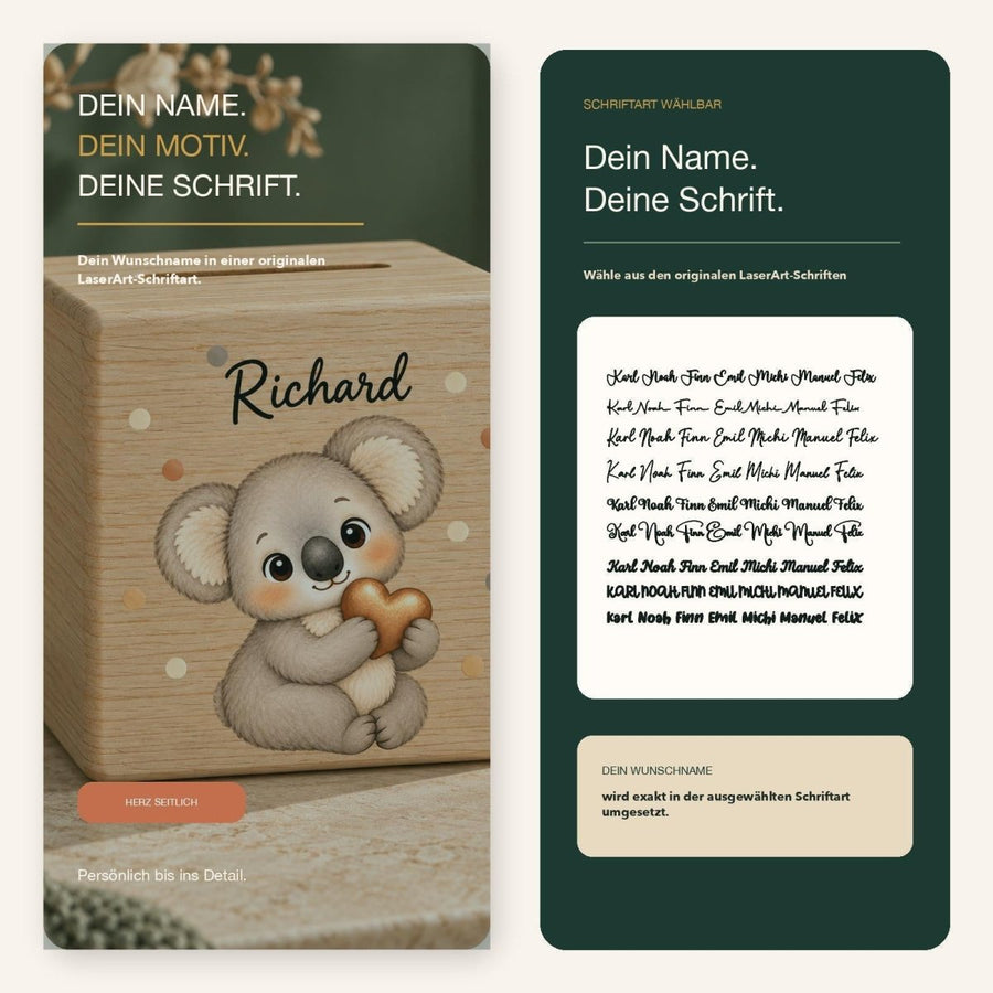 Personalisierte Holzspardosen mit acht Tiermotiven und Wunschnamen
