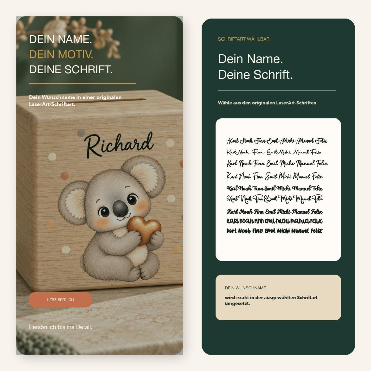 Personalisierte Holzspardosen mit acht Tiermotiven und Wunschnamen