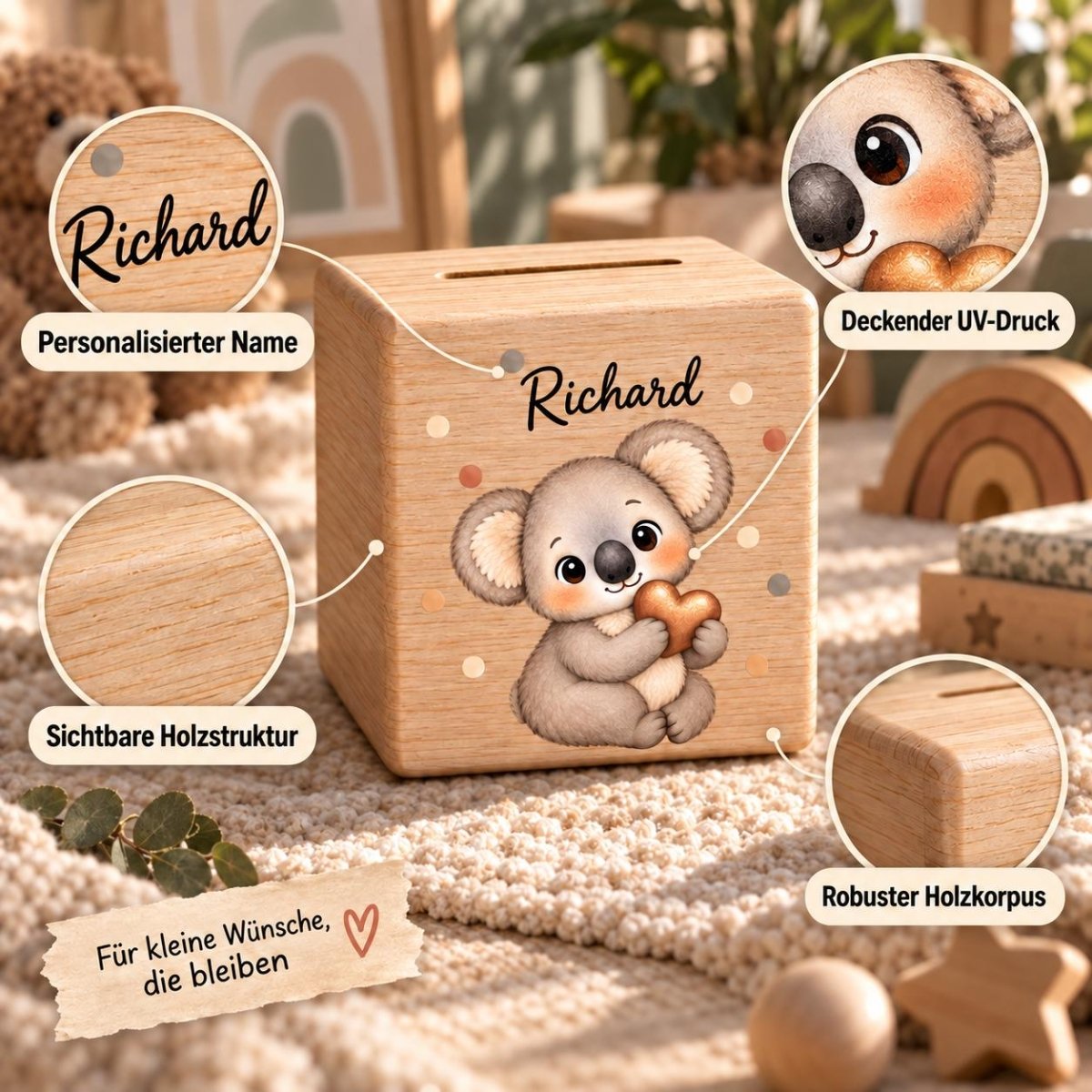 Spardose personalisiert Holz Tiermotiv Herz - Geschenk zur Taufe Baby - Sparschwein Kind mit Namen Datum Spruch - 50 Tiere