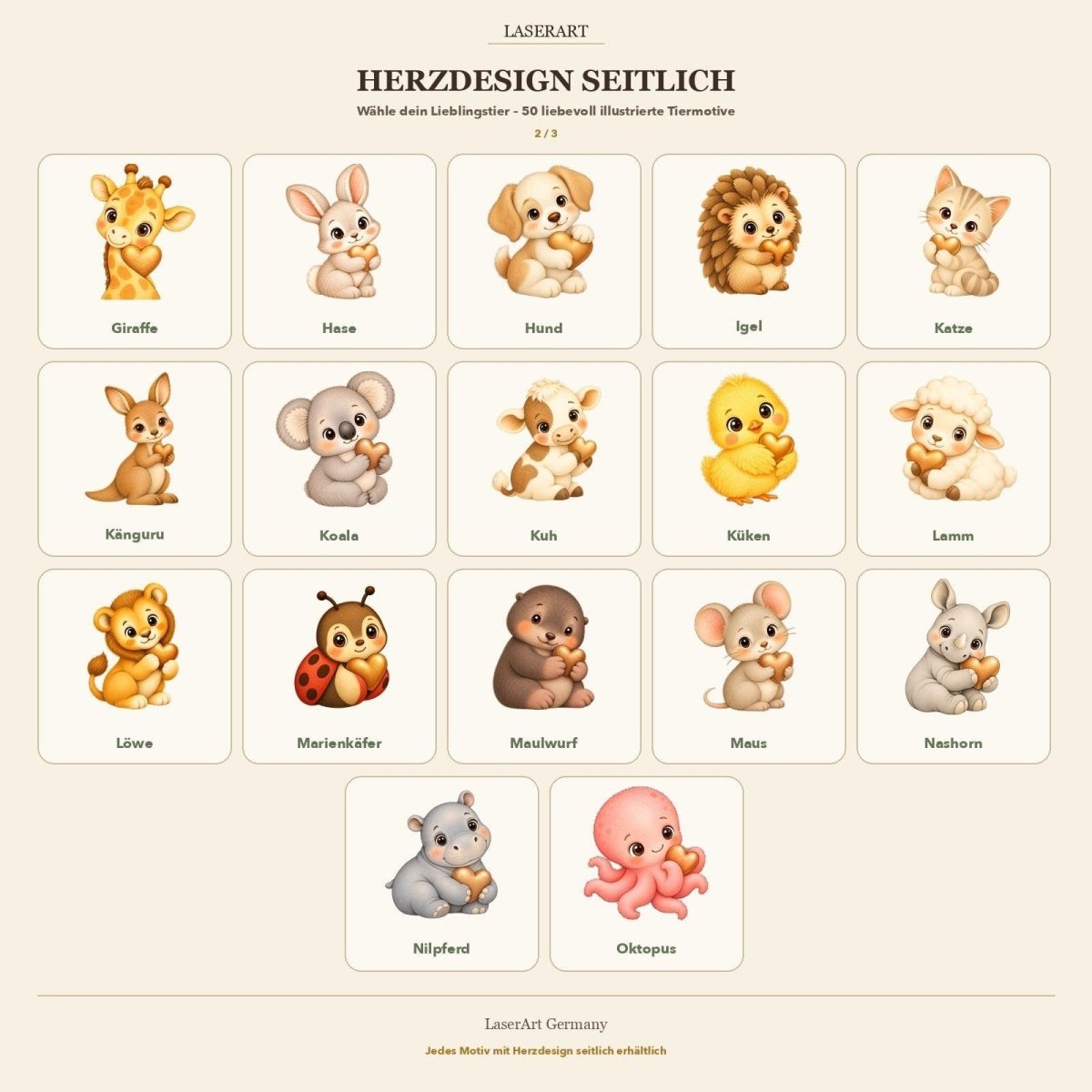 Uebersicht der Tiermotive fuer die personalisierte Spardose