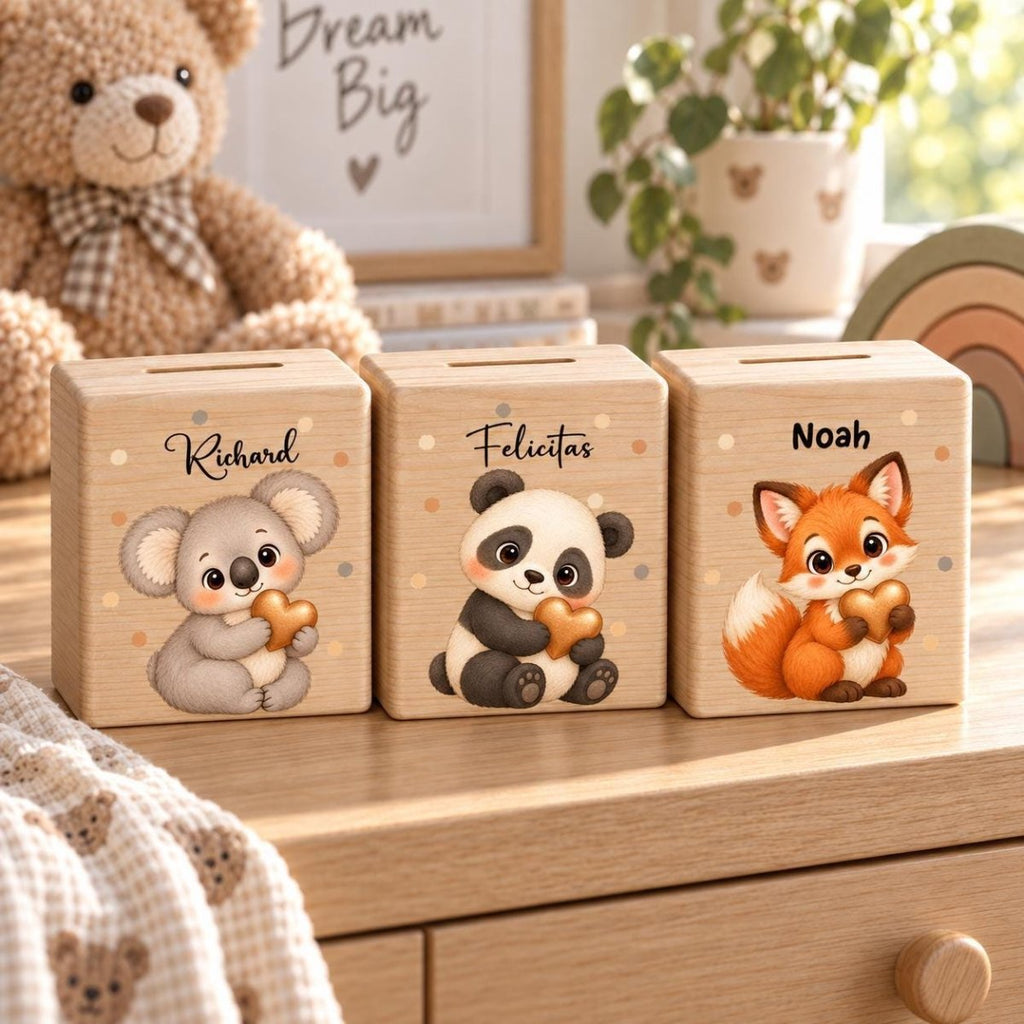 Personalisierte Spardosen mit Koala und Panda Motiv