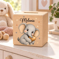 Personalisierte Holzspardose Elefant mit Herz und Name Melanie