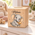 Personalisierte Holzspardose Elefant mit Herz und Name Melanie