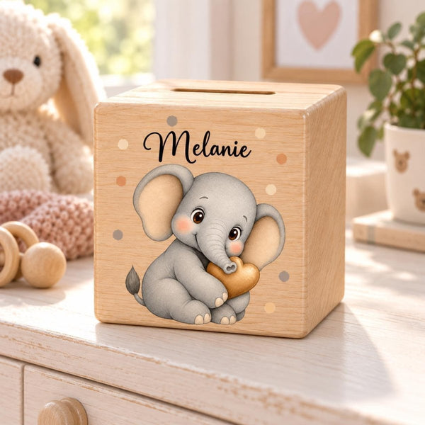 Personalisierte Holzspardose Elefant mit Herz und Name Melanie