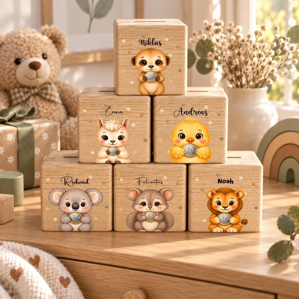 Drei personalisierte Spardosen mit Tiermotiv und Muenze