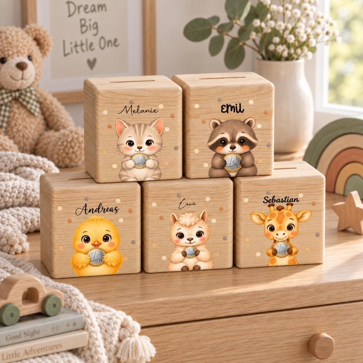 Spardose personalisiert Holz Münz-Motiv