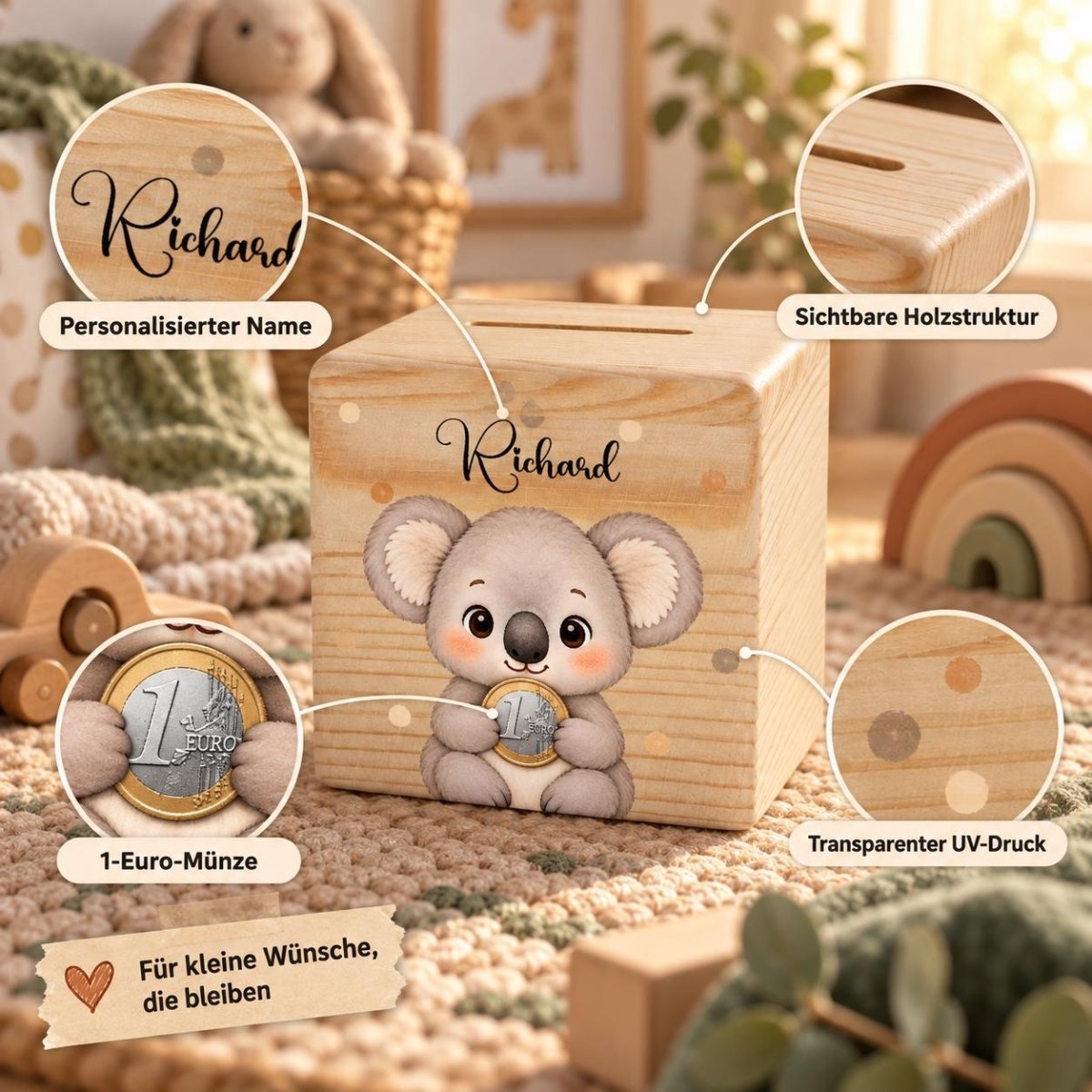 Produktmerkmale der personalisierten Muenzspardose mit Koala