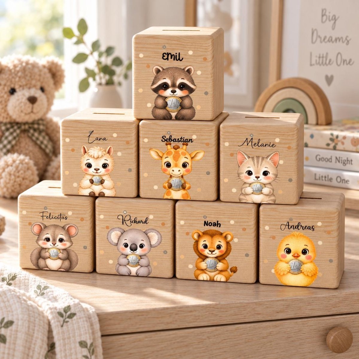 Personalisierte Holzspardosen mit Tiermotiv und Muenze
