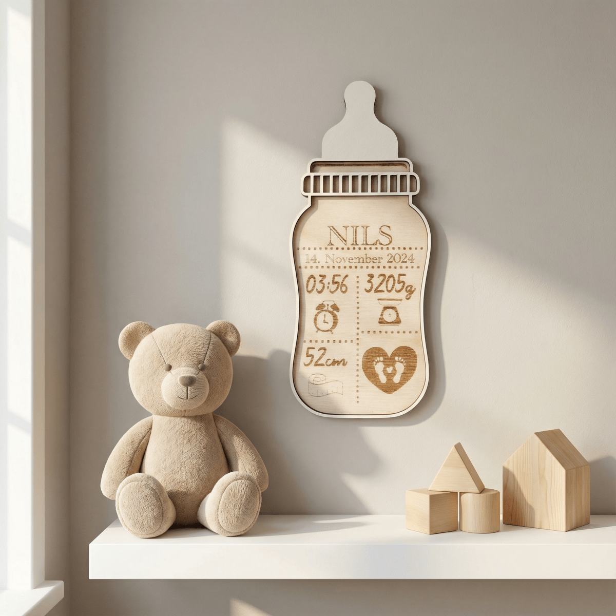 Taufgeschenk Flasche aus Holz | personalisiert graviert - LaserArt Germany