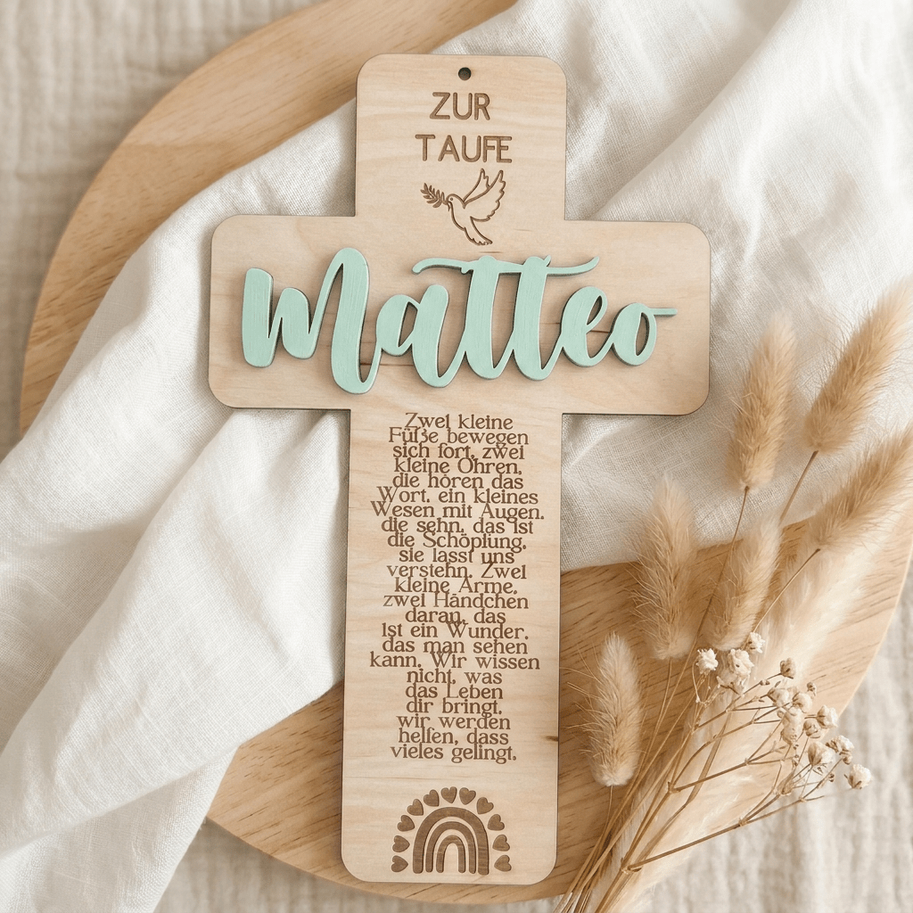 Taufkreuz aus Holz | Geschenk zur Taufe und Geburt - LaserArt Germany