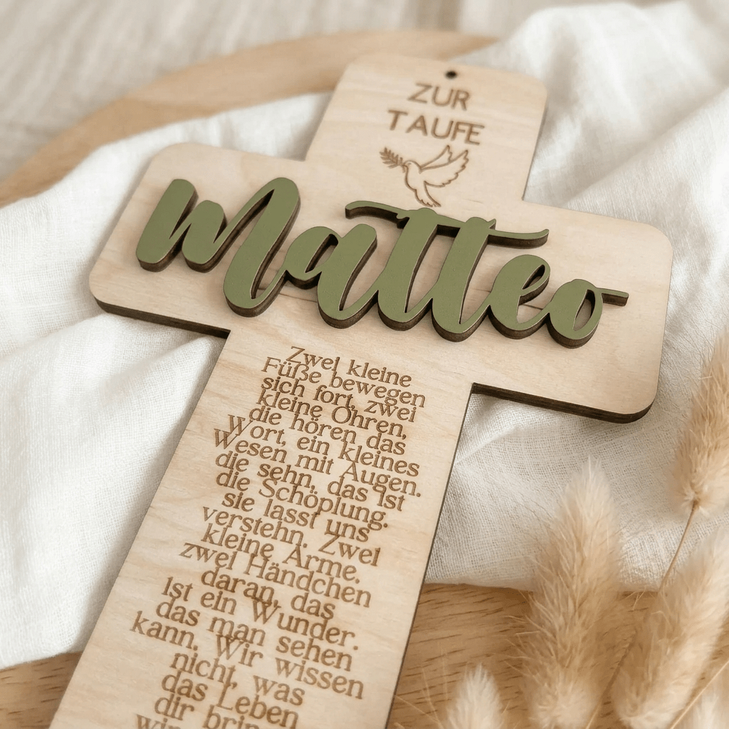 Taufkreuz aus Holz | Geschenk zur Taufe und Geburt - LaserArt Germany