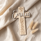 Taufkreuz aus Holz mit Glaubenssymbol | personalisiert - LaserArt Germany