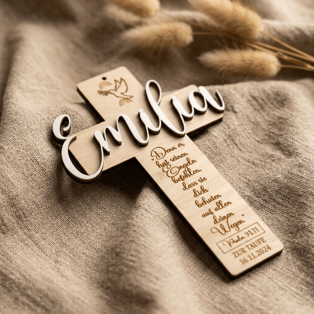 Taufkreuz aus Holz mit Glaubenssymbol | personalisiert - LaserArt Germany