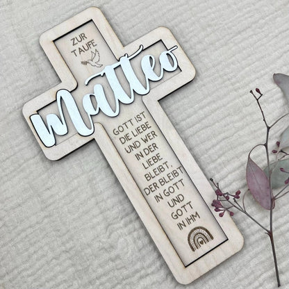 Taufkreuz aus Holz personalisiert – 3D - Rahmen mit Name, Datum & Taufspruch - LaserArt Germany