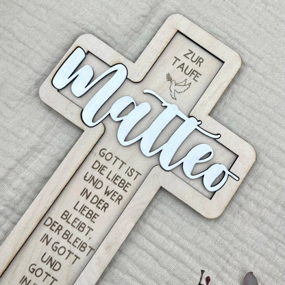 Taufkreuz aus Holz personalisiert – 3D - Rahmen mit Name, Datum & Taufspruch - LaserArt Germany