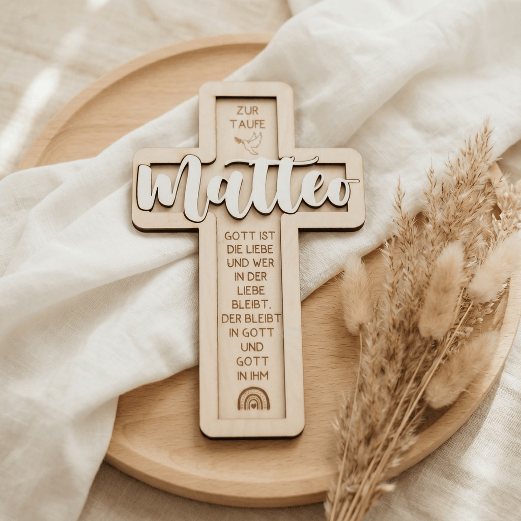 Taufkreuz aus Holz personalisiert – 3D - Rahmen mit Name, Datum & Taufspruch - LaserArt Germany