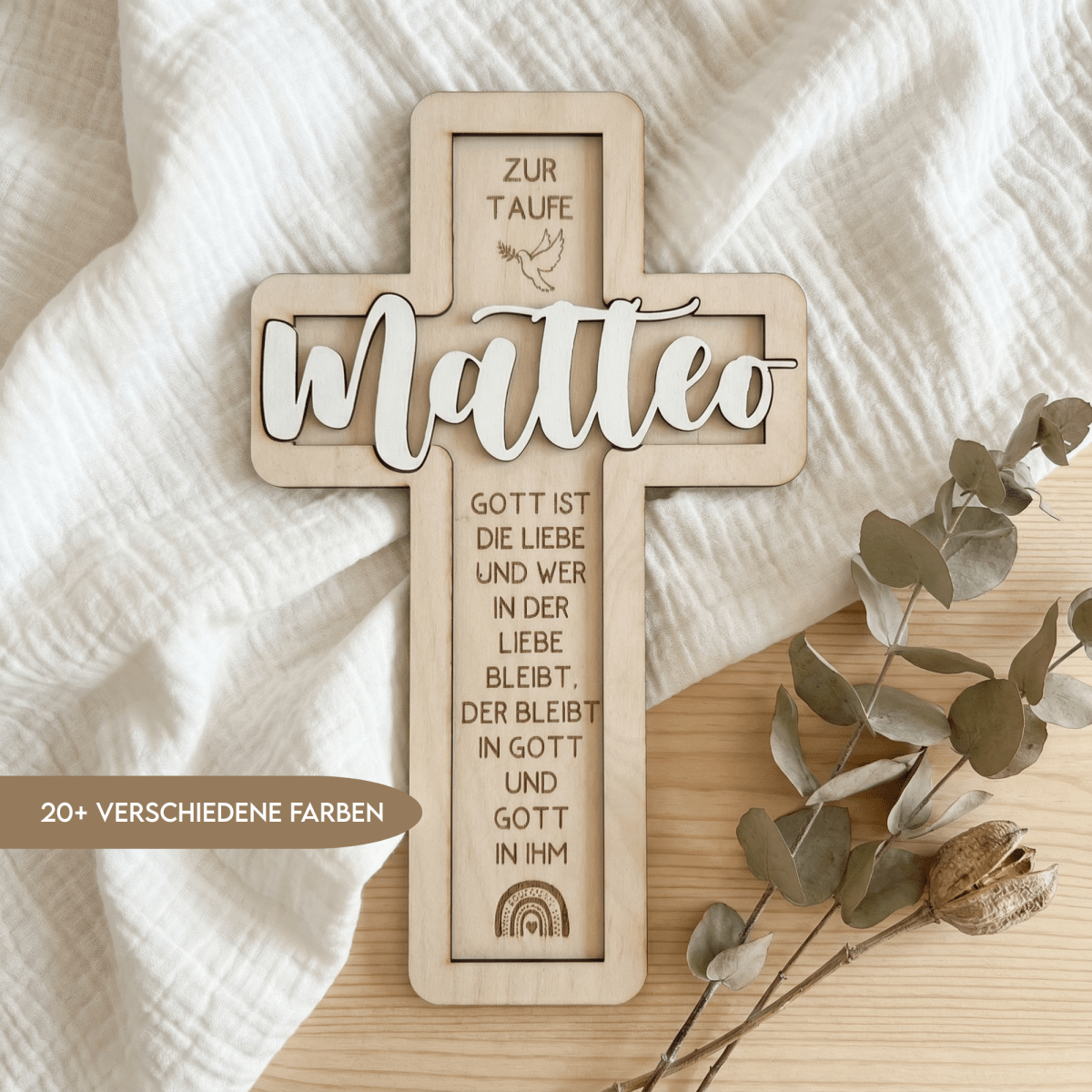Taufkreuz aus Holz personalisiert – 3D - Rahmen mit Name, Datum & Taufspruch - LaserArt Germany