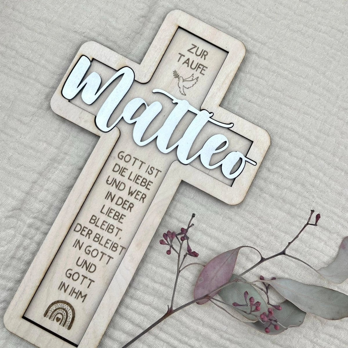 Taufkreuz aus Holz personalisiert – 3D - Rahmen mit Name, Datum & Taufspruch - LaserArt Germany