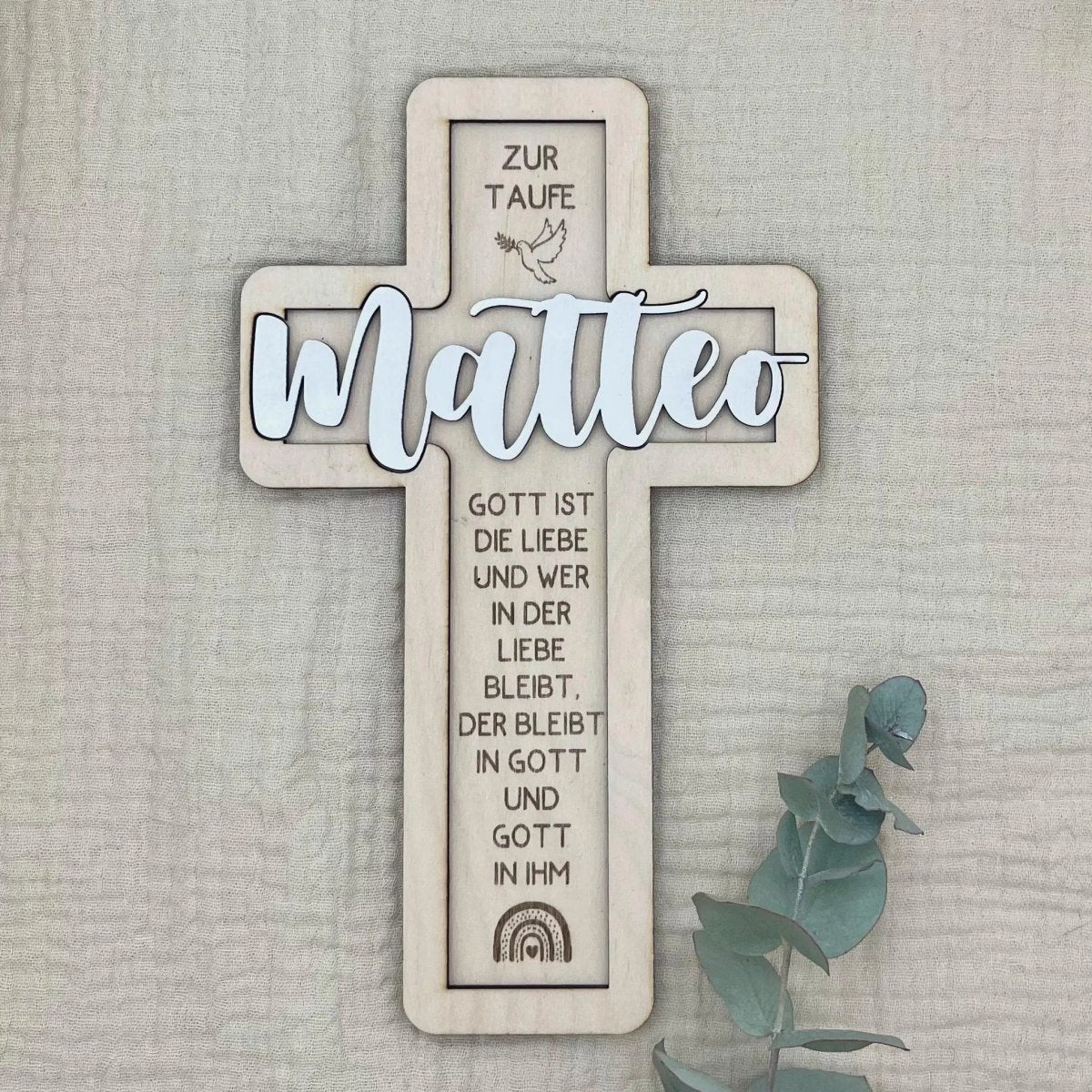 Taufkreuz aus Holz personalisiert – 3D - Rahmen mit Name, Datum & Taufspruch - LaserArt Germany
