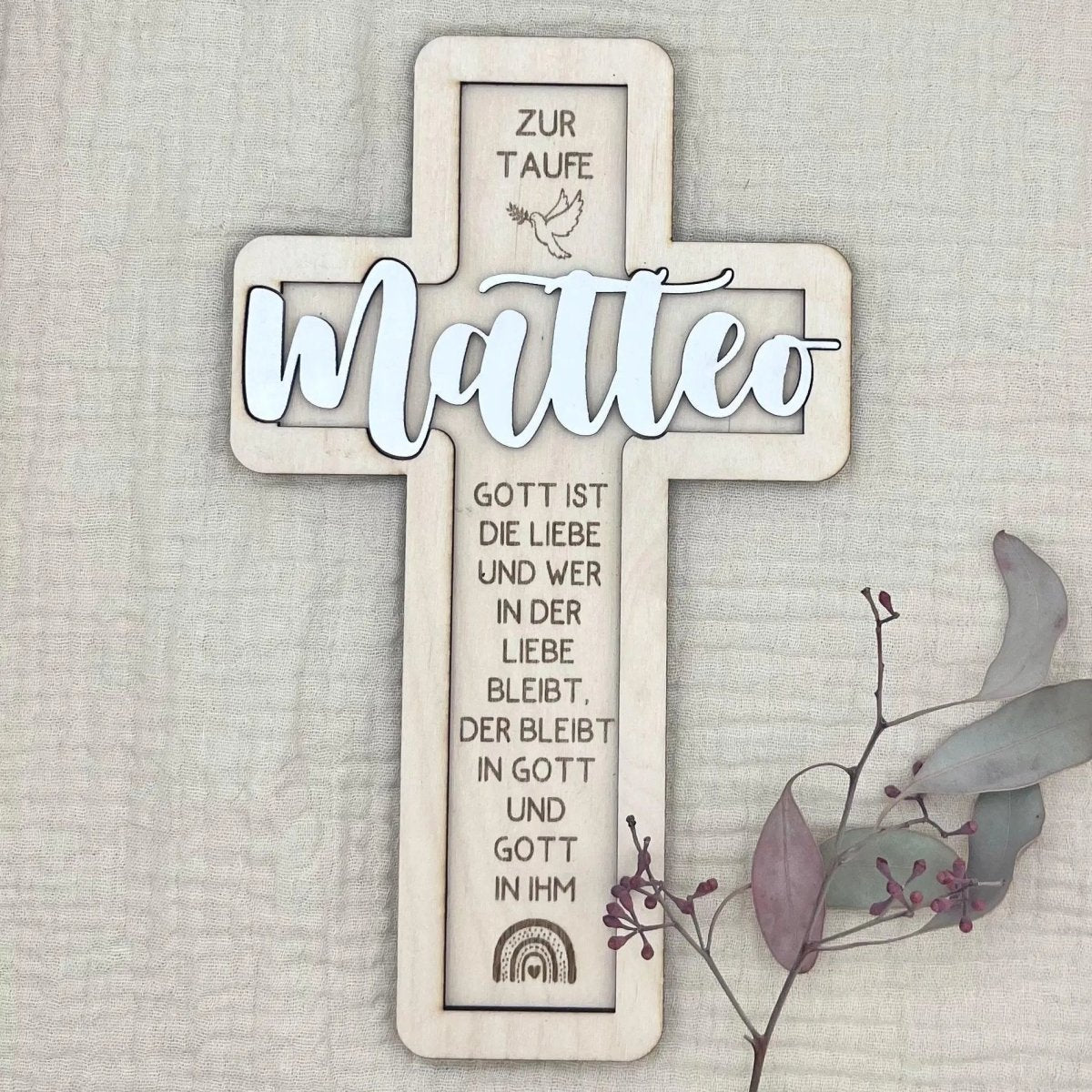 Taufkreuz aus Holz personalisiert – 3D - Rahmen mit Name, Datum & Taufspruch - LaserArt Germany