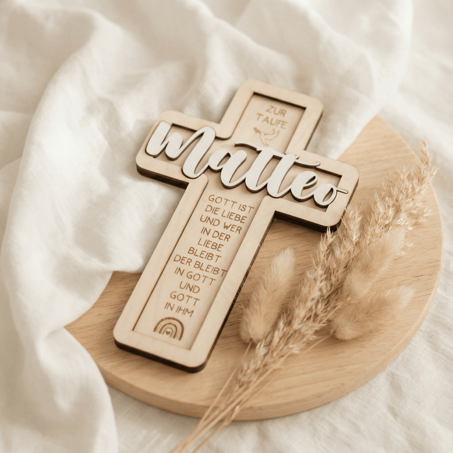 Taufkreuz aus Holz personalisiert – 3D - Rahmen mit Name, Datum & Taufspruch - LaserArt Germany