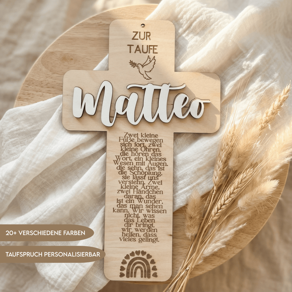 Taufkreuz aus Holz personalisiert – Geschenk zur Taufe, Geburt & Erinnerung - LaserArt Germany