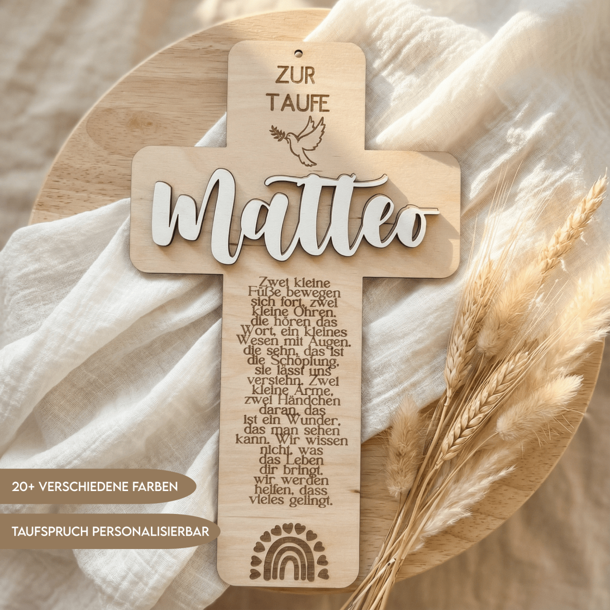 Taufkreuz aus Holz personalisiert – Geschenk zur Taufe, Geburt & Erinnerung - LaserArt Germany