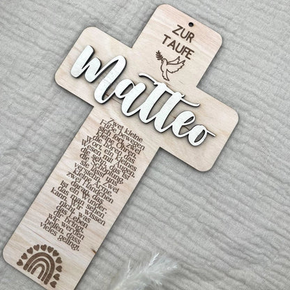 Taufkreuz aus Holz personalisiert – Geschenk zur Taufe, Geburt & Erinnerung - LaserArt Germany