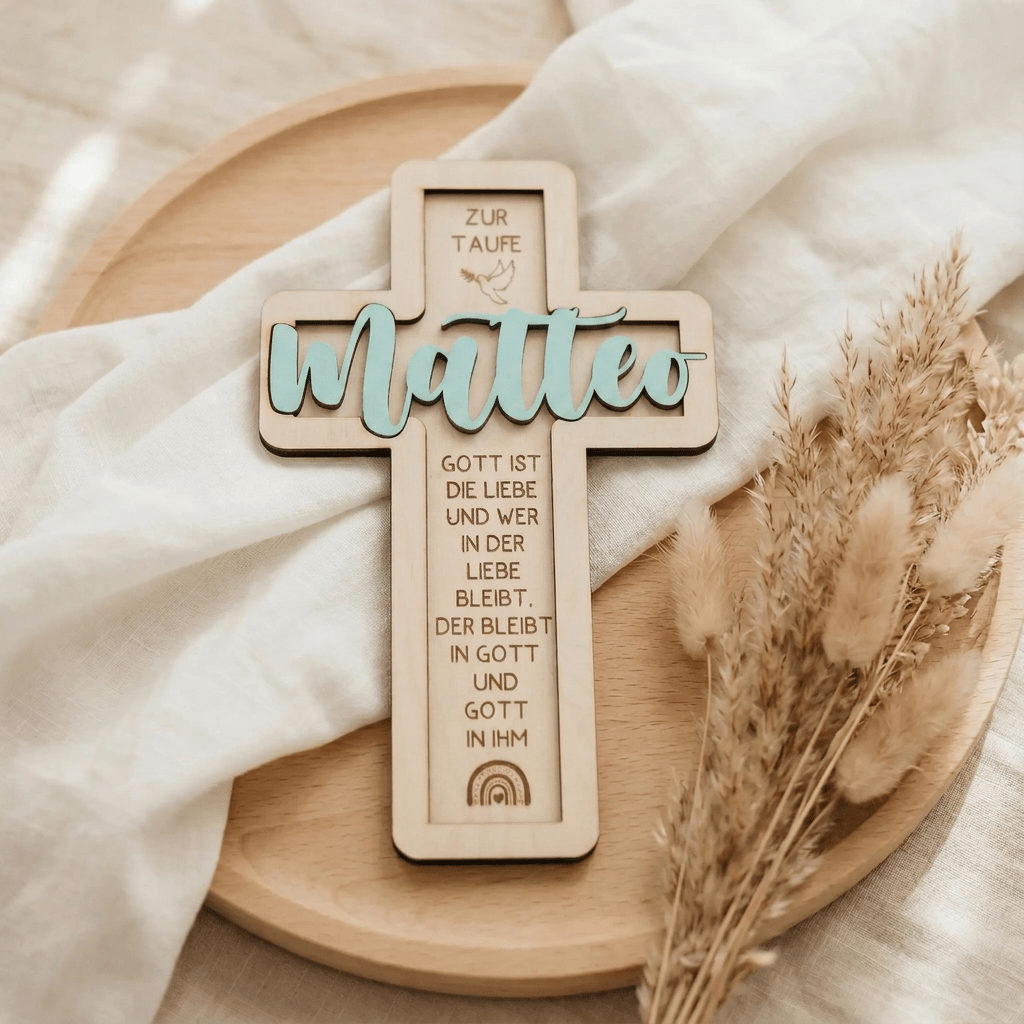 Taufkreuz aus Holz personalisiert | Geschenk zur Taufe - LaserArt Germany