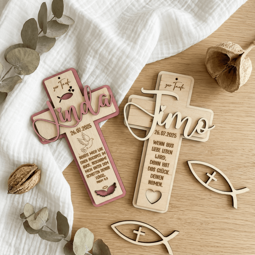 Taufkreuz aus Holz personalisiert | Taufgeschenk | Geschenk zur Kommunion & Konfirmation - LaserArt Germany