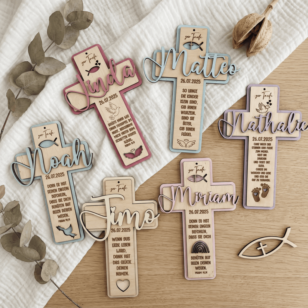 Taufkreuz aus Holz personalisiert | Taufgeschenk | Geschenk zur Kommunion & Konfirmation - LaserArt Germany