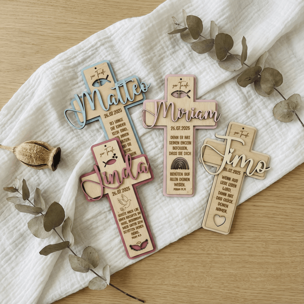 Taufkreuz aus Holz personalisiert | Taufgeschenk | Geschenk zur Kommunion & Konfirmation - LaserArt Germany