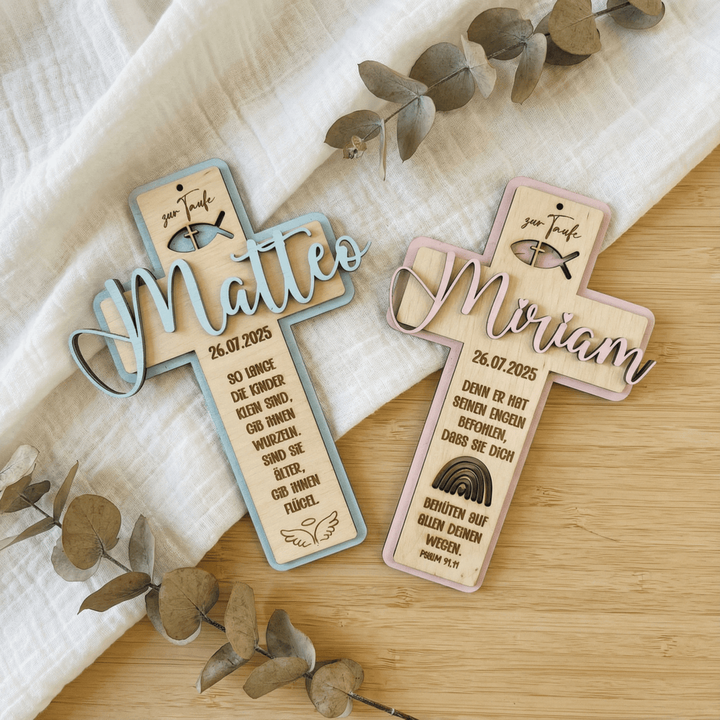 Taufkreuz aus Holz personalisiert | Taufgeschenk | Geschenk zur Kommunion & Konfirmation - LaserArt Germany