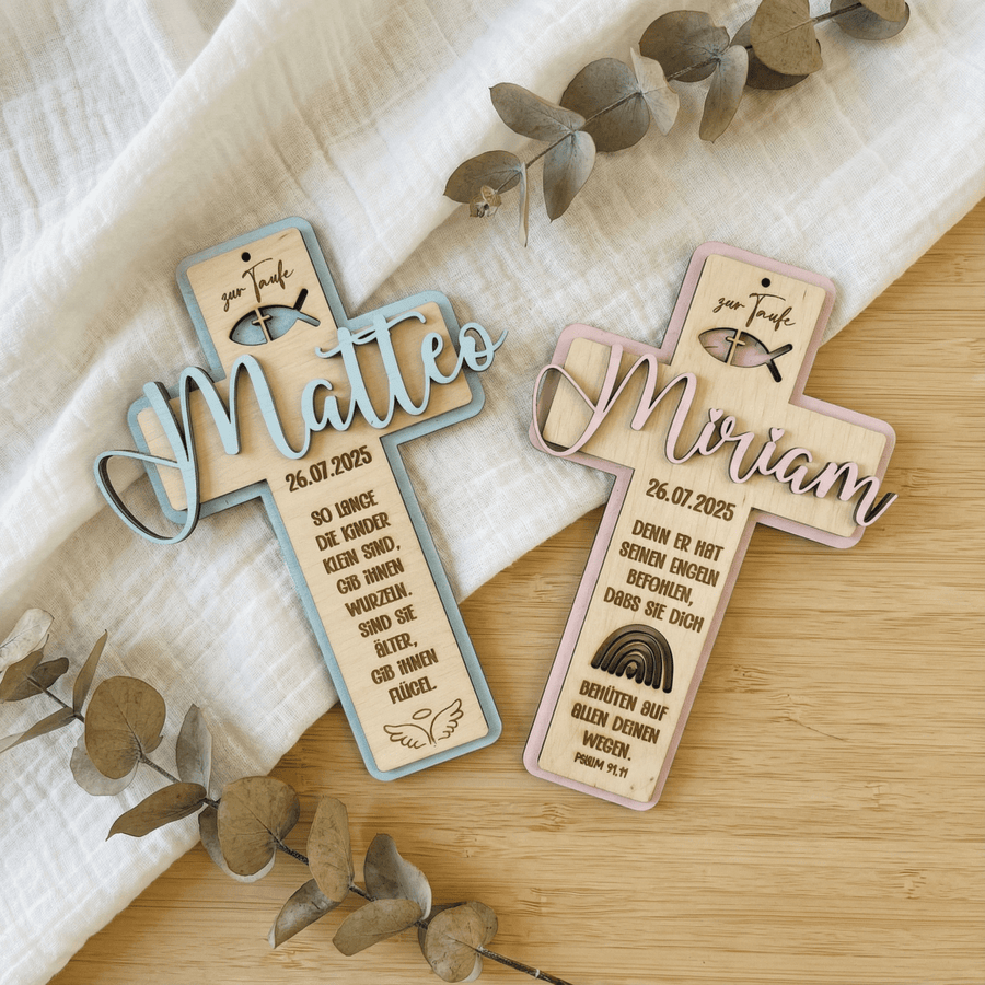 Taufkreuz aus Holz personalisiert | Taufgeschenk | Geschenk zur Kommunion & Konfirmation - LaserArt Germany