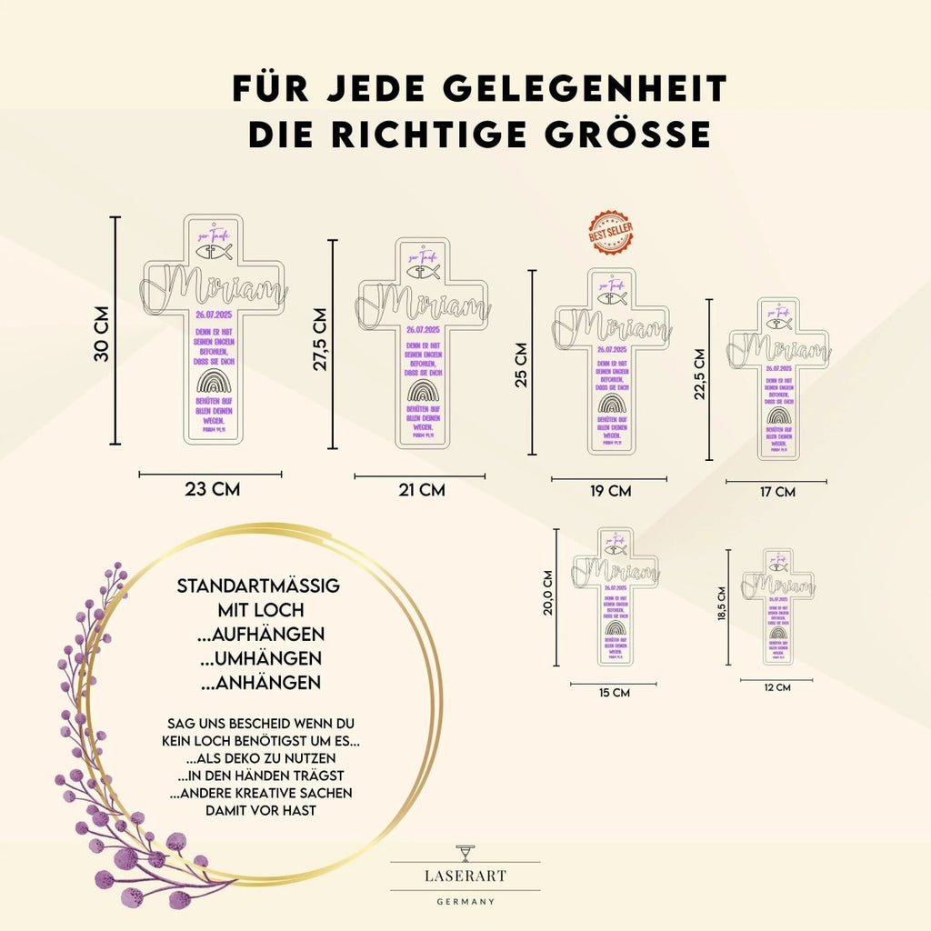 Taufkreuz aus Holz personalisiert | Taufgeschenk | Geschenk zur Kommunion & Konfirmation - LaserArt Germany