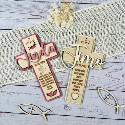 Taufkreuz aus Holz personalisiert | Taufgeschenk | Geschenk zur Kommunion & Konfirmation - LaserArt Germany