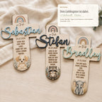 Taufkreuze für Jungen mit Sebastian, Stefan und Bradley in Pastellfarben, Motive Hund, Waschbär, Elefant